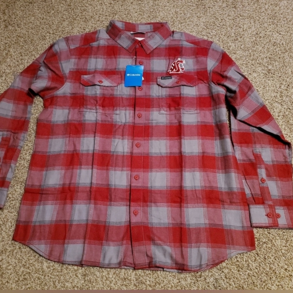WSU -Washington State Cougars Columbia Men's Plaid Shirt in Crimson and Gray NWT
